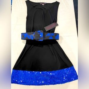 Pink Rose by Sharise Nei, black knee length dress with blue sequined bottom.